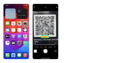 A guide showing the first step to activate an eSIM on an iPhone: opening the Camera app to scan the QR code for automatic setup.