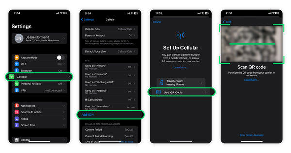 Step-by-step screenshots demonstrating how to manually add an eSIM on an iPhone by navigating through Settings > Cellular > Add eSIM, and then choosing to scan a QR code.