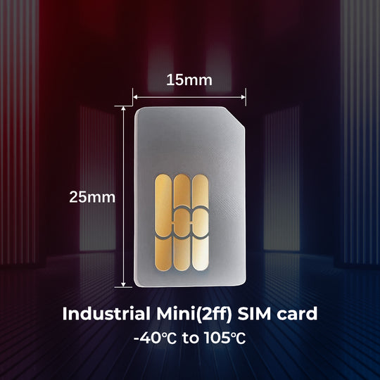 Industrial 2FF SIM card dimensions 25mm x 15mm, temperature range -40°C to 105°C.