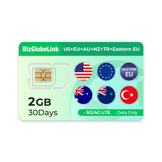 BizGlobeLink SIM Card: 2GB, 30-day plan for US, EU, AU, NZ, TR, Eastern EU.