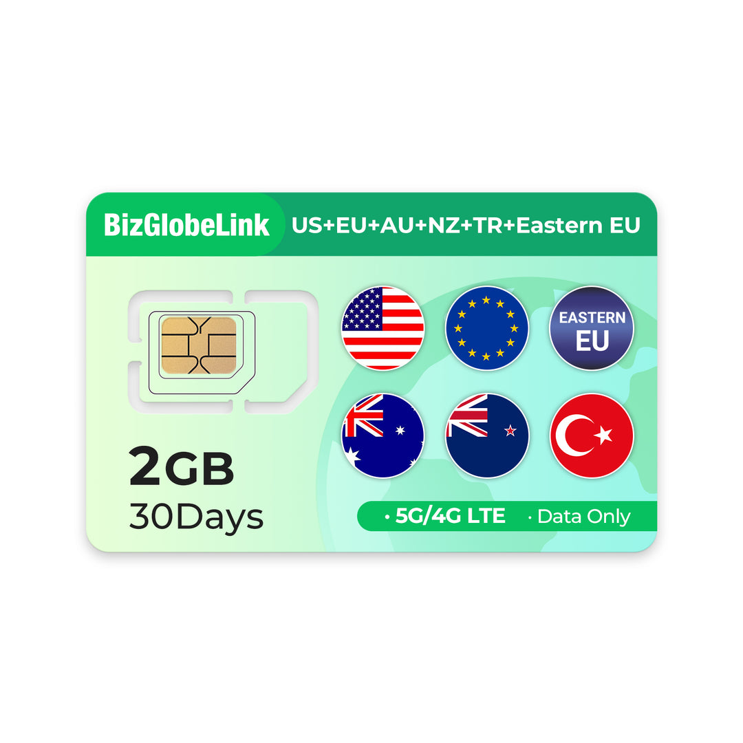 BizGlobeLink SIM Card: 2GB, 30-day plan for US, EU, AU, NZ, TR, Eastern EU.