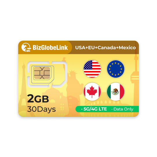 BizGlobeLink SIM Card with 2GB data for 30 days, supports USA, EU, Canada, Mexico.