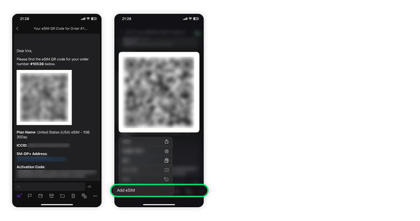 Screenshots showing an eSIM QR code and plan details received in a message or app, with a highlighted 'Add eSIM' button to begin the installation process.