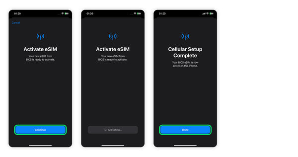 The final sequence for eSIM activation on an iPhone: tapping 'Continue' to activate, a screen showing the activation in progress, and the 'Cellular Setup Complete' confirmation screen.