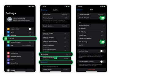 A tutorial on managing a newly installed eSIM: navigating to Cellular settings, selecting the new plan, and turning on the line and data roaming.