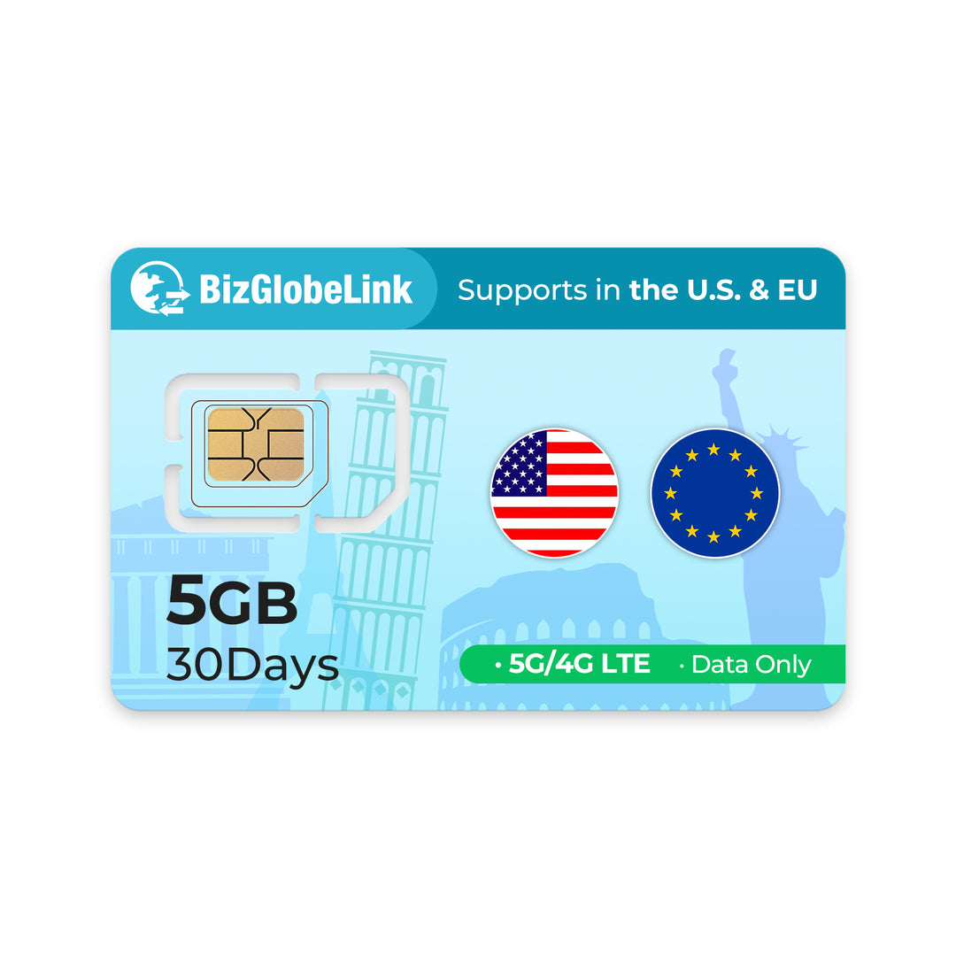 BizGlobeLink SIM Card with 5GB data for 30 days, supports US and EU connectivity.