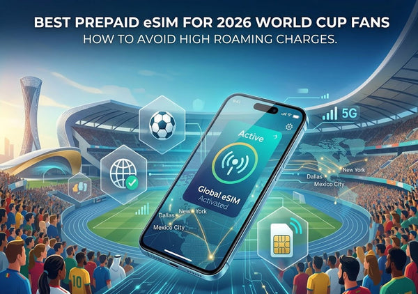 A smartphone showing active eiotclub prepaid eSIM inside a crowded 2026 World Cup soccer stadium.
