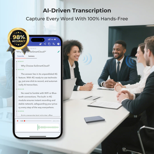 AI-Driven Transcription app with 98% accuracy, showing meeting text on a smartphone interface.
