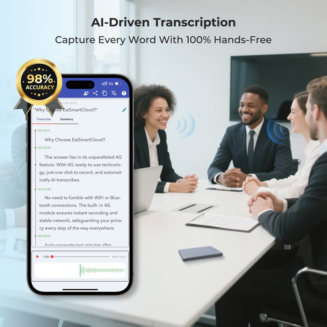 AI-Driven Transcription app with 98% accuracy, showing meeting text on a smartphone interface.