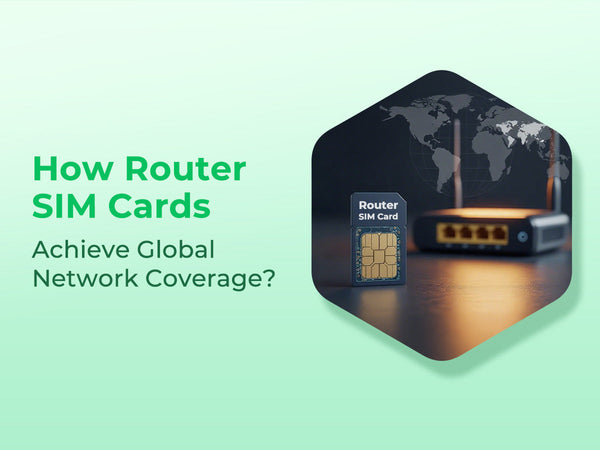 Router SIM Card next to a router, set against a dark world map background, illustrating global network coverage.