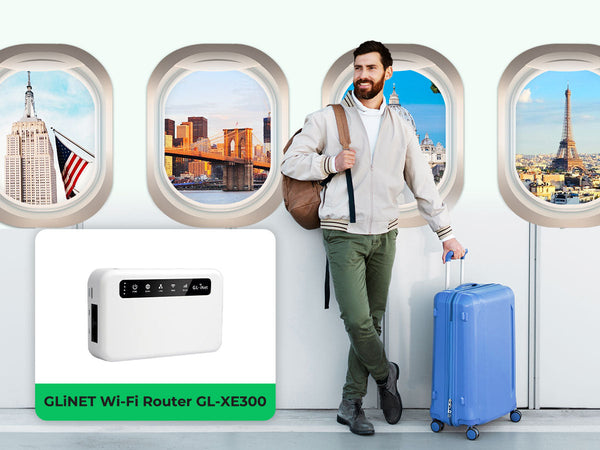 A male traveler with a suitcase, with an inset image of the GL.iNet GL-XE300 Wi-Fi router. The background shows airplane windows with views of New York and Paris, symbolizing global travel.