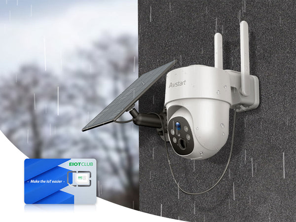 A weatherproof, solar-powered security camera, shown operating in the rain, with an EIOTCLUB SIM card for cellular data.