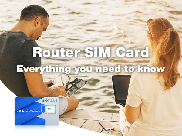 An ad for an EIOTCLUB router SIM card shows a couple working remotely by the water.
