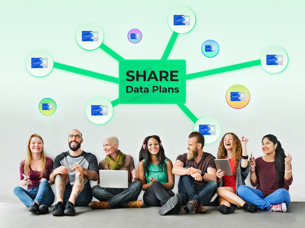 A diverse group of people happily using their devices together under a shared data plan.