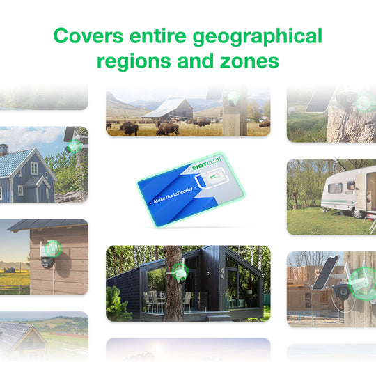 4G SIM card with extensive coverage for security cameras across various locations. Covers entire geographical regions and zones