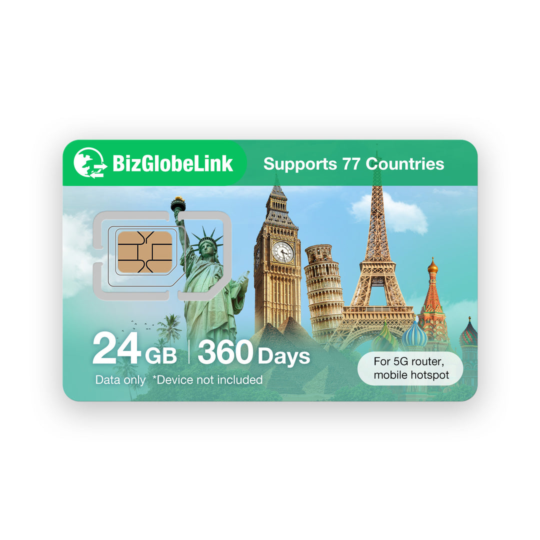 Eiotclub BizGlobalLink SIM card with 24GB data for 360 days, supports 77 countries.