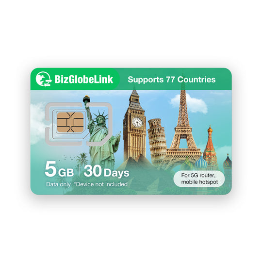 Eiotclub BizGlobalLink prepaid SIM card, 5GB for 30 days, supports 77 countries.
