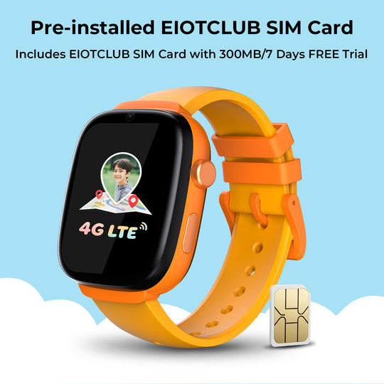 Orange kids smartwatch with 4G LTE screen and a pre-installed SIM card showing 7-day free trial.