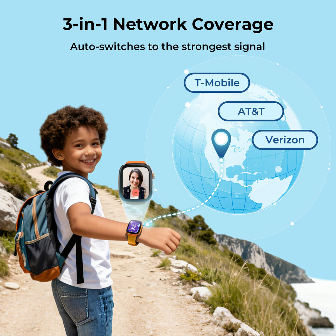 Child using a kids smartwatch with 3-in-1 network coverage and video calling feature.