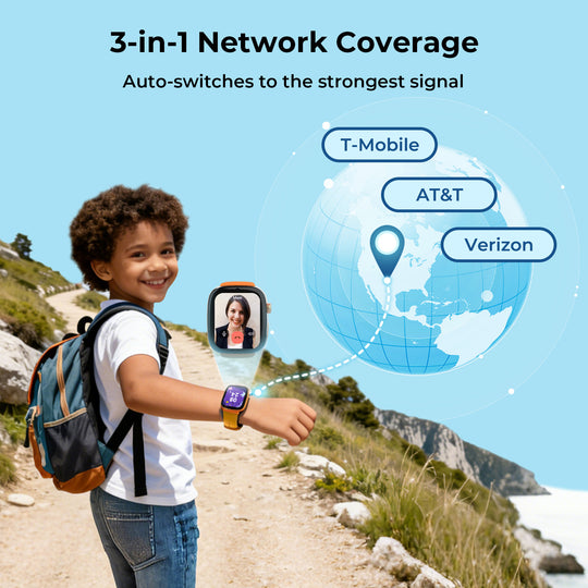 Child using a kids smartwatch with 3-in-1 network coverage and video calling feature.