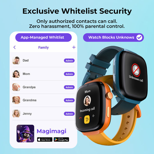 Magimagi app managing a family whitelist for a kids smartwatch to block unknown calls and ensure parental control.