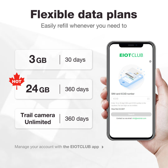 Eiotclub app on smartphone showing flexible data plans for IoT connectivity. Flexible data plans