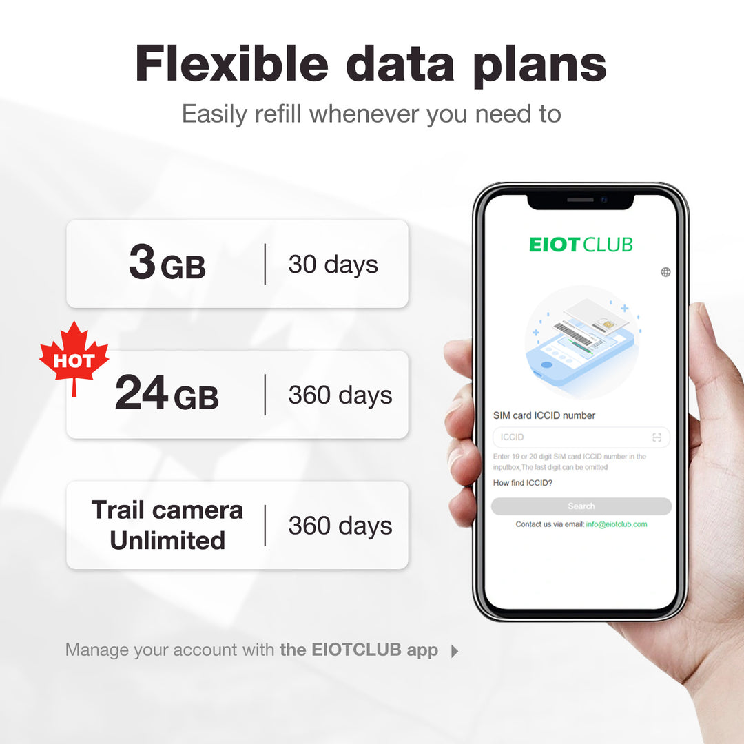 Eiotclub app on smartphone showing flexible data plans for IoT connectivity. Flexible data plans
