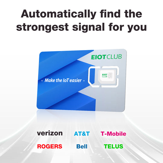 Eiotclub Prepaid SIM Card for IoT, supports Verizon, AT&T, T-Mobile, Bell, and TELUS.
