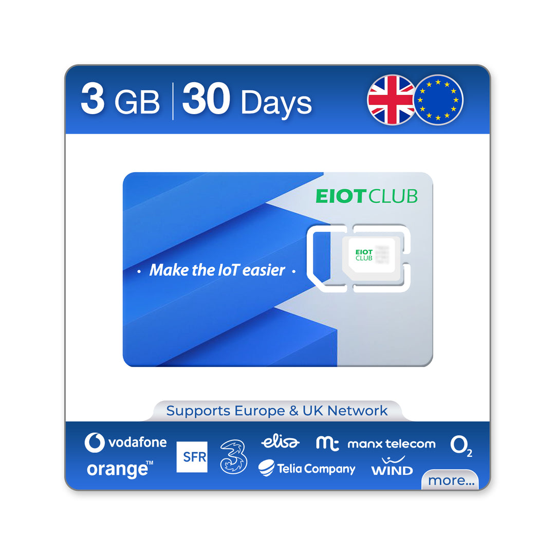 Eiotclub SIM card offering 3GB data for 30 days, compatible with European networks.