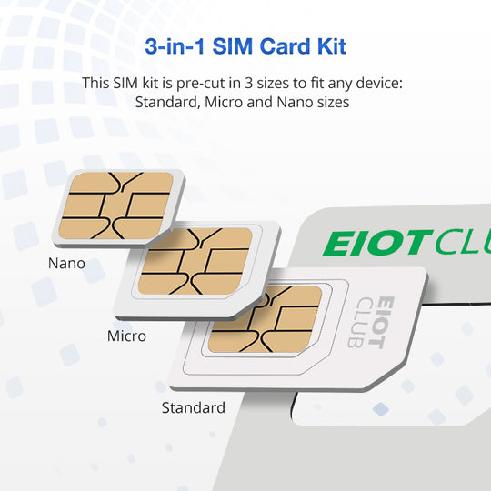 3-in-1 SIM card kit by Eiotclub with Nano, Micro, and Standard sizes for IoT devices.
