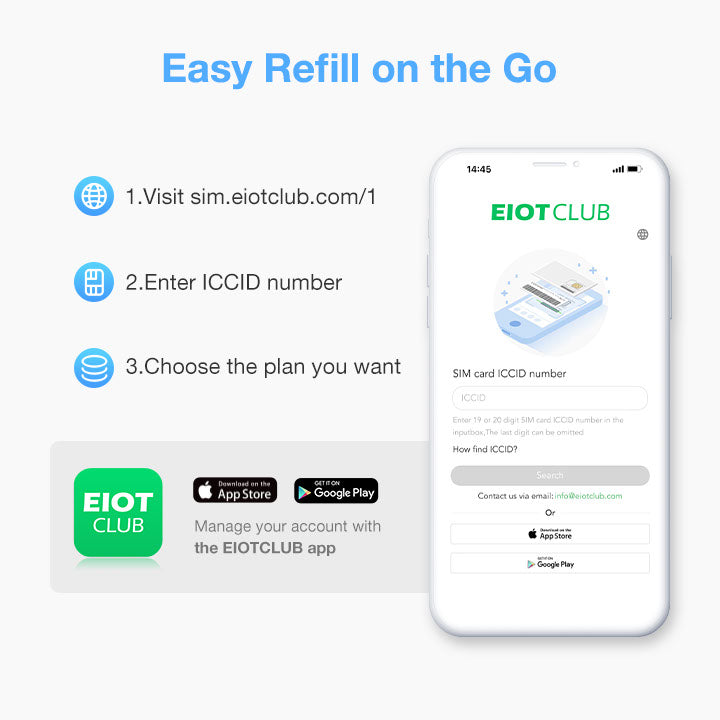 Eiotclub app on smartphone for easy SIM card refill and plan selection. Easy Refill on the Go
