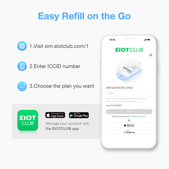 Eiotclub app on smartphone for easy SIM card refill and plan selection. Easy Refill on the Go