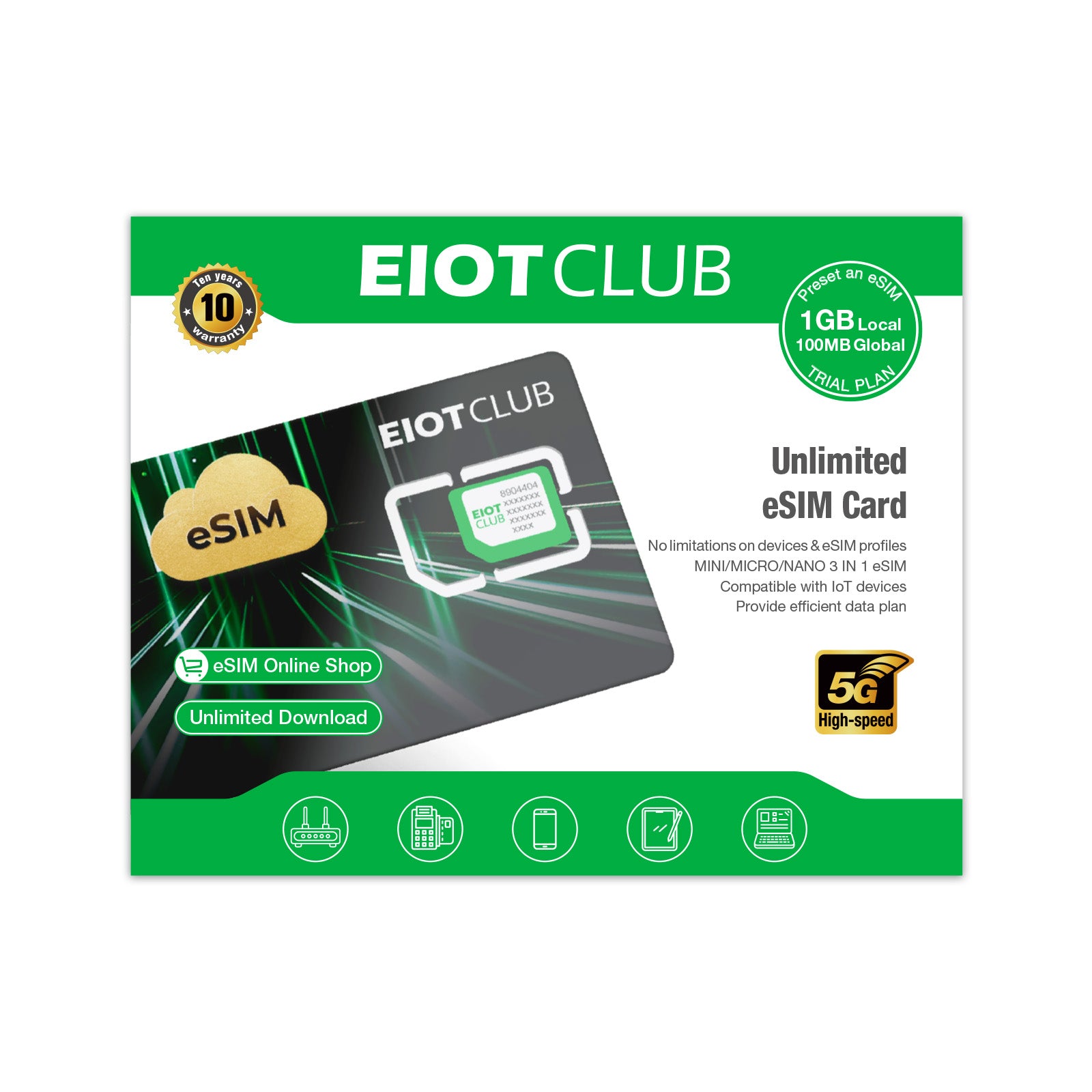 EIOTCLUB eSIM Card with unlimited downloads, 1GB local, 100MB global data