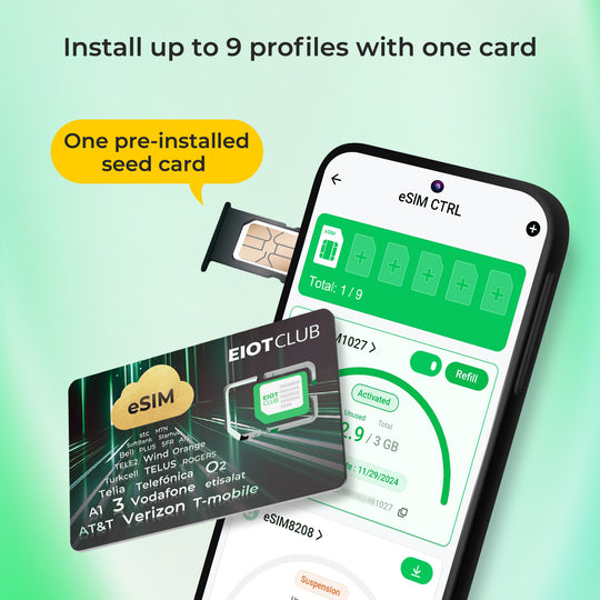 EIOTCLUB eSIM card with app showing 9 profiles and 1 pre-installed seed card.