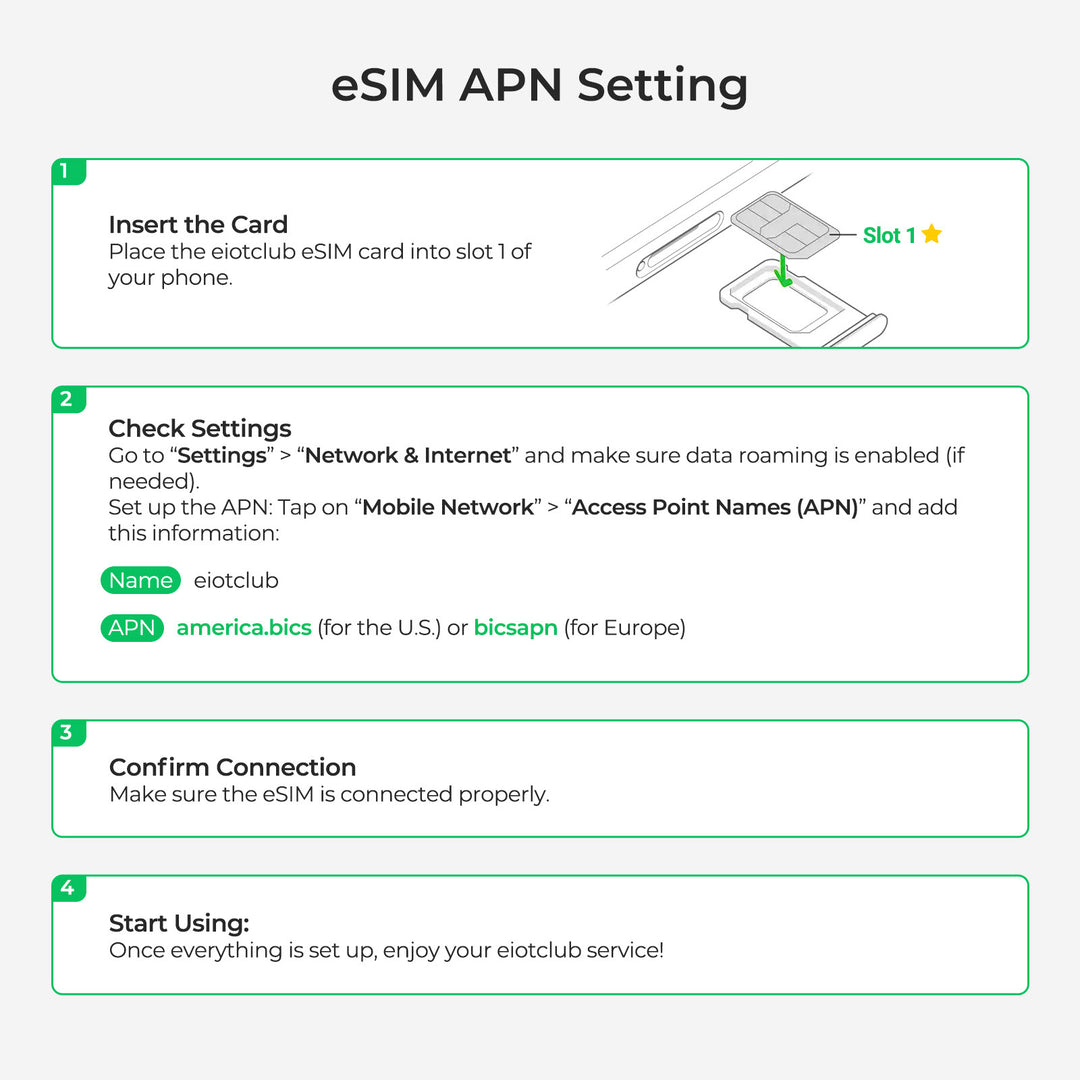 Guide to EIOTCLUB eSIM APN setup: insert card, check settings, confirm connection.