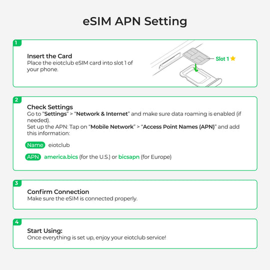 Guide to EIOTCLUB eSIM APN setup: insert card, check settings, confirm connection.