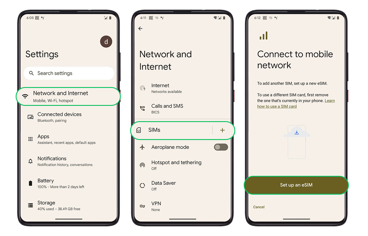A three-panel guide for setting up an eSIM on a Google Pixel or stock Android phone, illustrating the process: going to Settings, selecting Network & Internet, tapping the plus icon for SIMs, and choosing 'Set up an eSIM'.