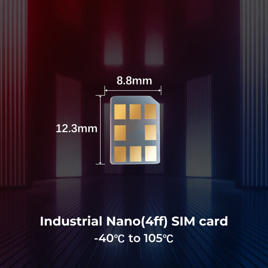Industrial Nano SIM card dimensions 8.8mm x 12.3mm, temperature range -40°C to 105°C