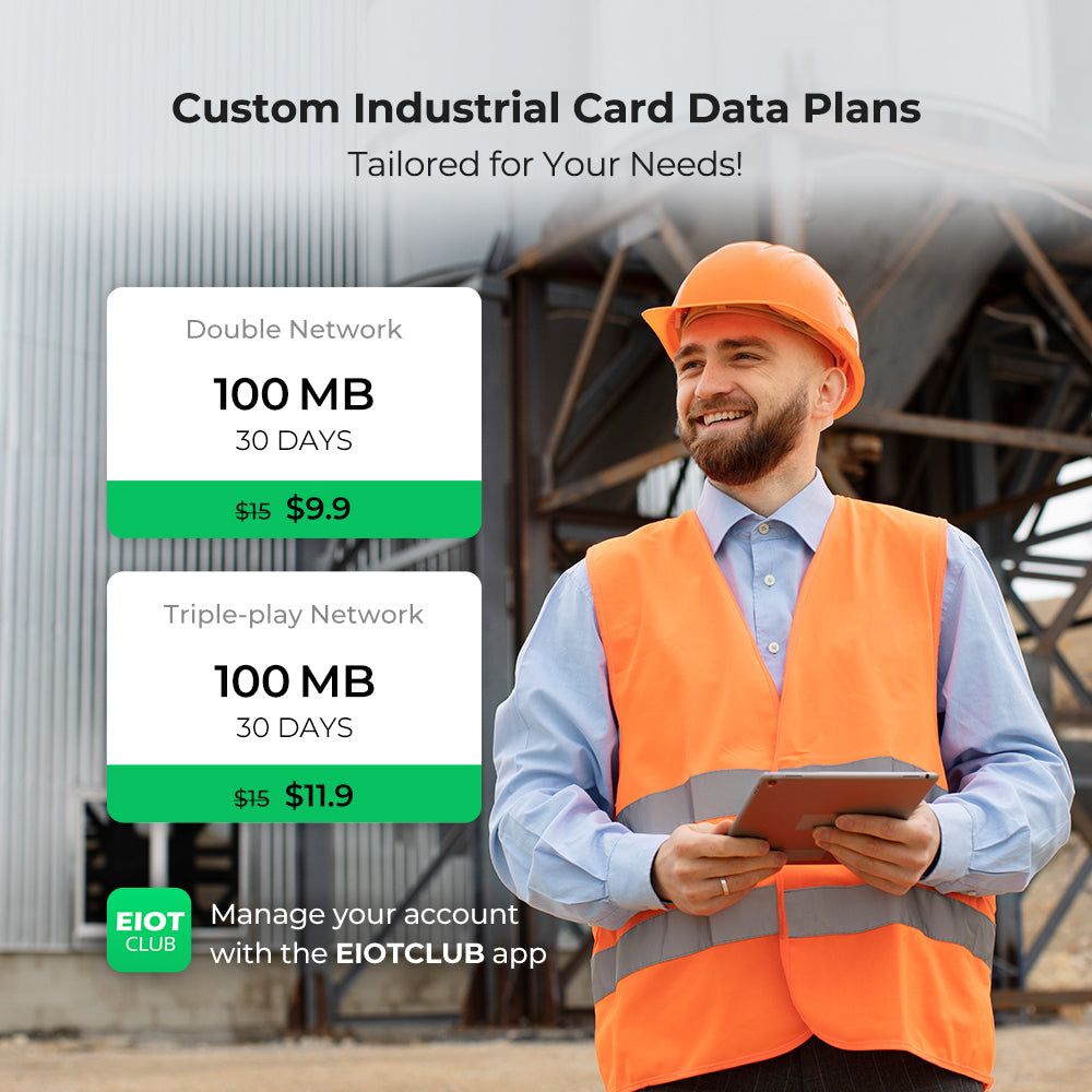 Custom industrial SIM card data plans for 100 MB with pricing options.
