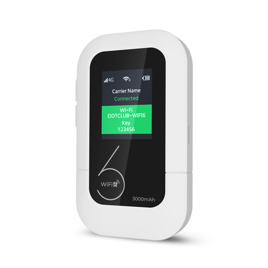A close-up of the portable Wi-Fi device on a plain surface, showcasing its compact design and connectivity features.