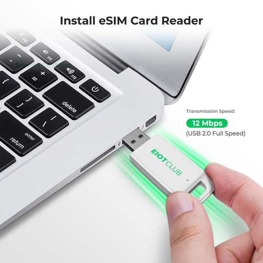 EIOTCLUB USB eSIM Reader plugged into laptop for fast profile management.