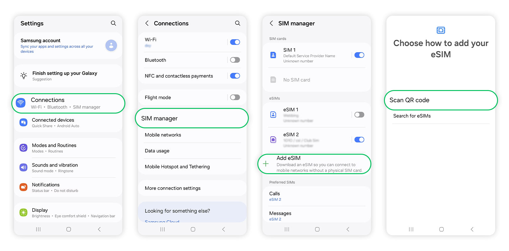 A four-panel tutorial showing the steps to add an eSIM on a Samsung Android device: navigating from Settings to Connections, then to SIM manager, and finally selecting 'Scan QR code' to begin.