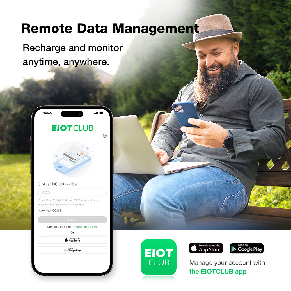 User managing Eiotclub GPS Tracker SIM card through mobile app for remote data. Remote Data Management