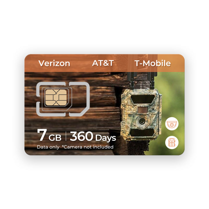7 GB Data Only SIM card for trail cameras, valid for 360 days, compatible with major networks.