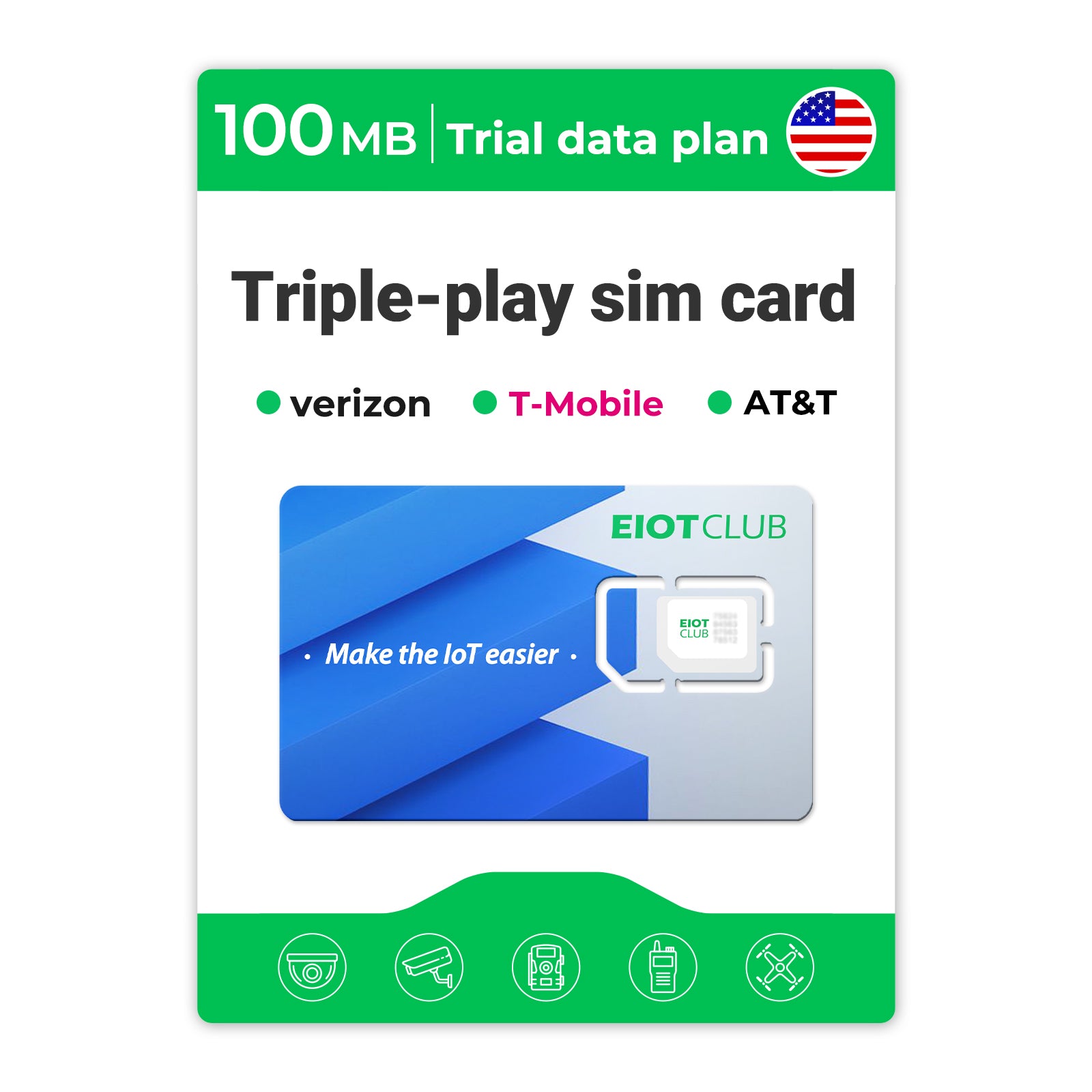 Eiotclub Triple-play SIM card for Verizon, T-Mobile, and AT&T with 100MB trial plan Eiotclub Triple-Play SIM card offers 24GB data for IoT with 360 days validity.