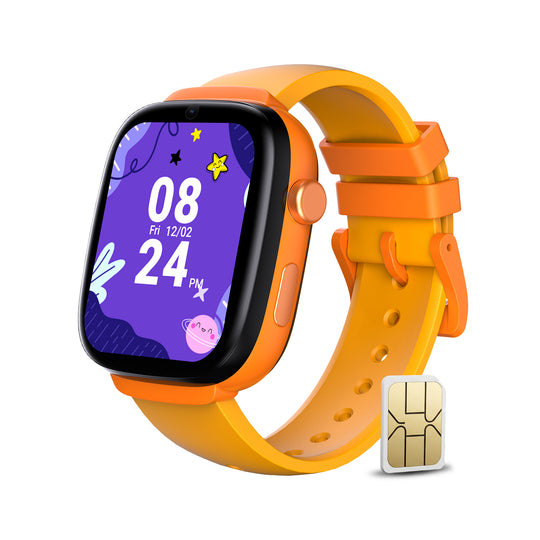 Bright orange kids smartwatch with a vibrant purple digital watch face and a Nano SIM card, showcasing its cellular connectivity and stylish design.
