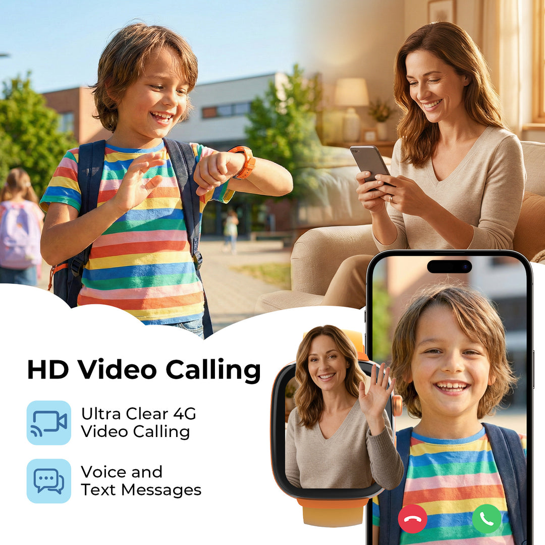 Mother and son having an HD video call using a 4G kids smartwatch and a smartphone.