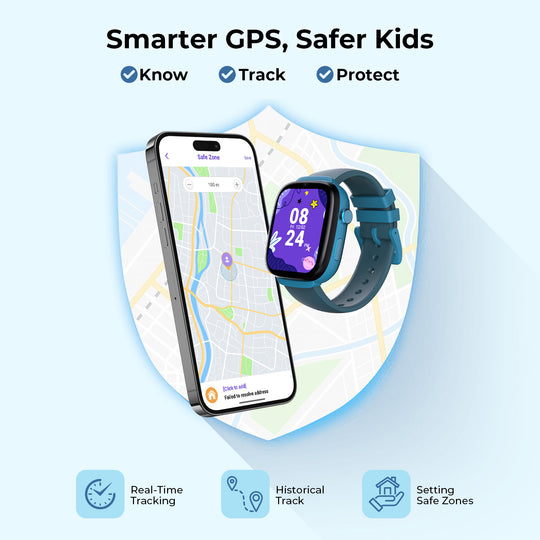 Blue kids smartwatch with GPS tracking app showing real-time location and safe zone settings.