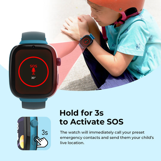 Kids smartwatch with one-touch SOS emergency alert and live location sharing feature.