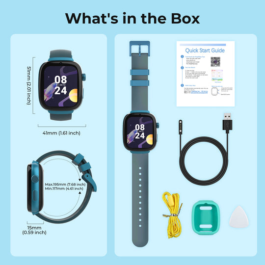 Infographic showing kids smartwatch dimensions and contents including the watch, charging cable, and quick start guide.